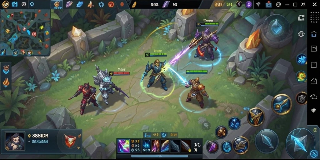 Tampilan gameplay yang intens dalam pertarungan tim MOBA.