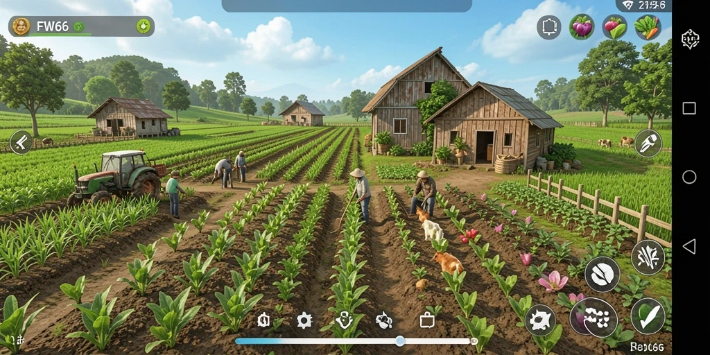 Screenshot utama FW66 menunjukkan gameplay seru bertani.
