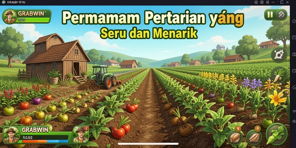 Tangkapan layar gameplay GRABWIN yang menampilkan aktivitas bertani yang seru.