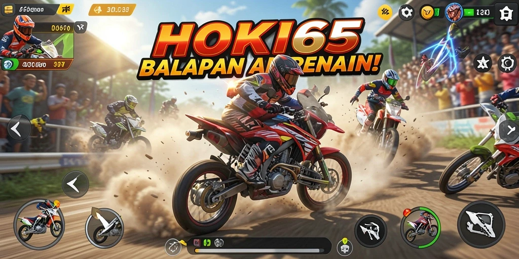 Screenshot utama HOKI65 menampilkan aksi balapan motor yang mendebarkan.