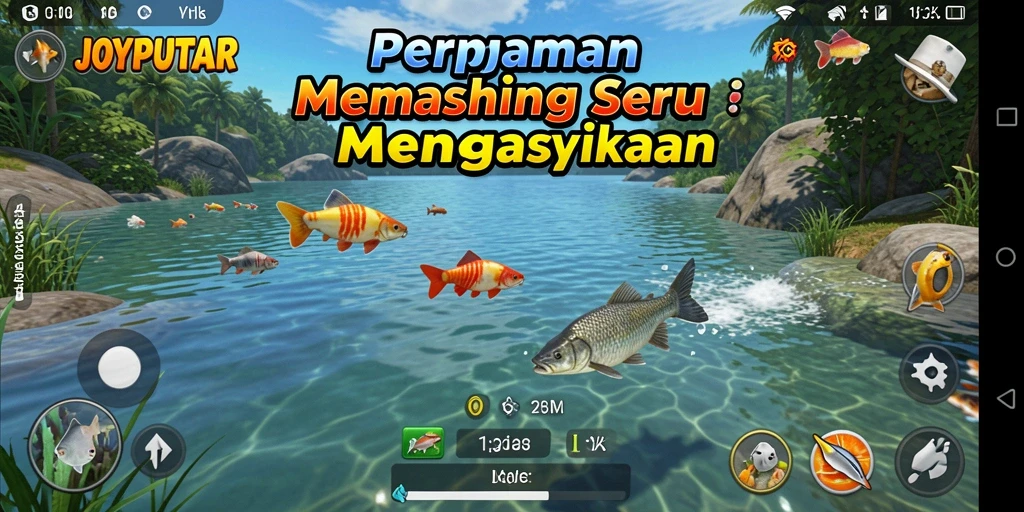 Tampilan menarik gameplay JOYPUTAR saat memancing di lokasi yang indah.