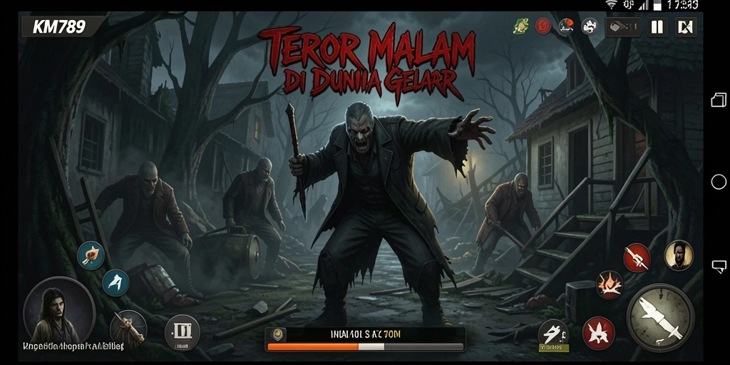 Screenshot gameplay KM789 yang menampilkan suasana menyeramkan dan intensitas tinggi.