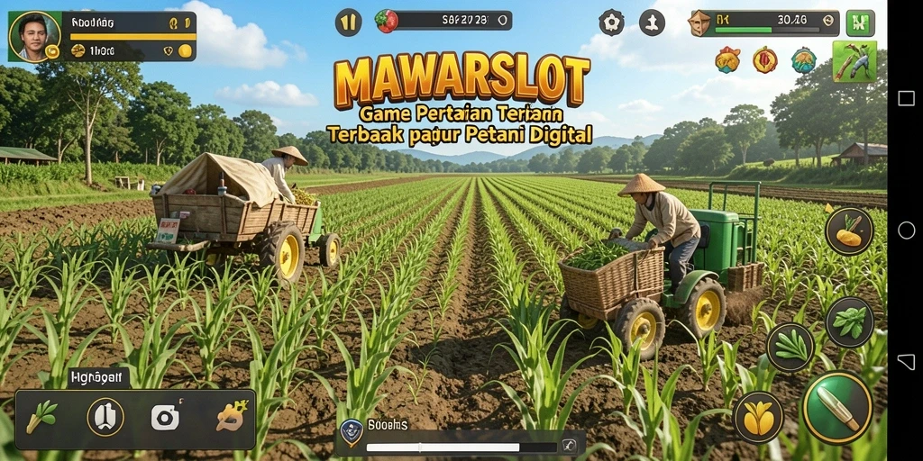 Tampilan gameplay MAWARSLOT menunjukkan ladang yang subur dan hewan ternak.