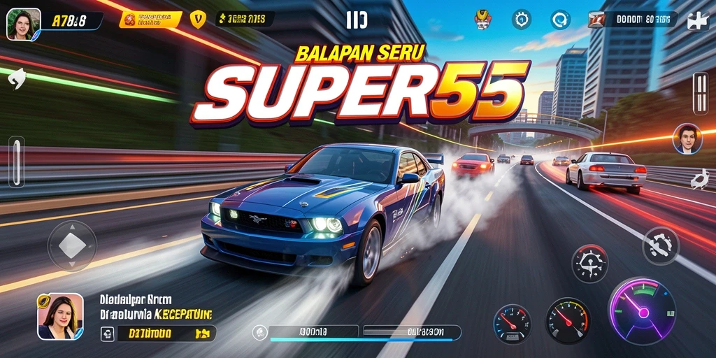 Tampilan gameplay SUPER5 yang intens dan mendebarkan dalam balapan kecepatan.