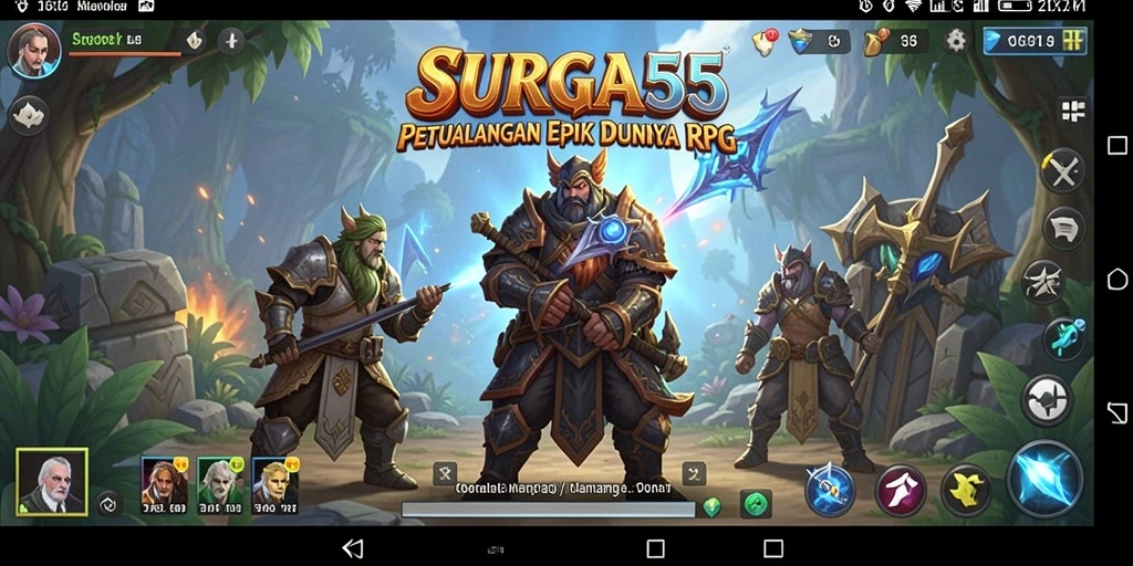 Tampilan gameplay SURGA55 dengan berbagai karakter dan pertempuran epik.