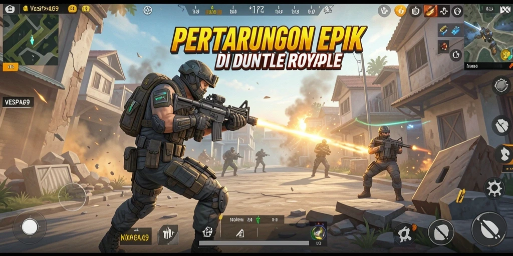 Tangkapan layar utama menunjukkan pengalaman gameplay Battle Royale yang mendebarkan.